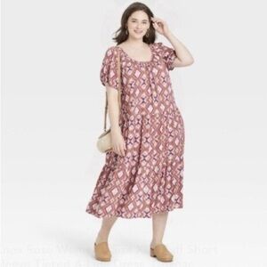 Knox Rose Midi Floral Tiered Boho Scoop Neck Short Puff Sleeves Tie Rust XL